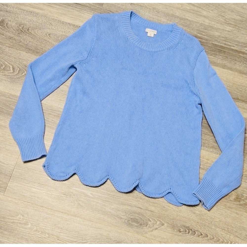 New J.Crew Women's Knit Sweater Baby Blue S/Small Scalloped Hemline NWOT EUC